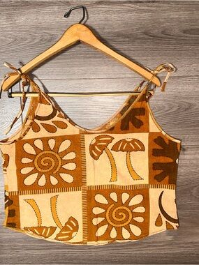 Mushroom Floral Tie-Shoulder Crop Top - Brown/Beige Vintage